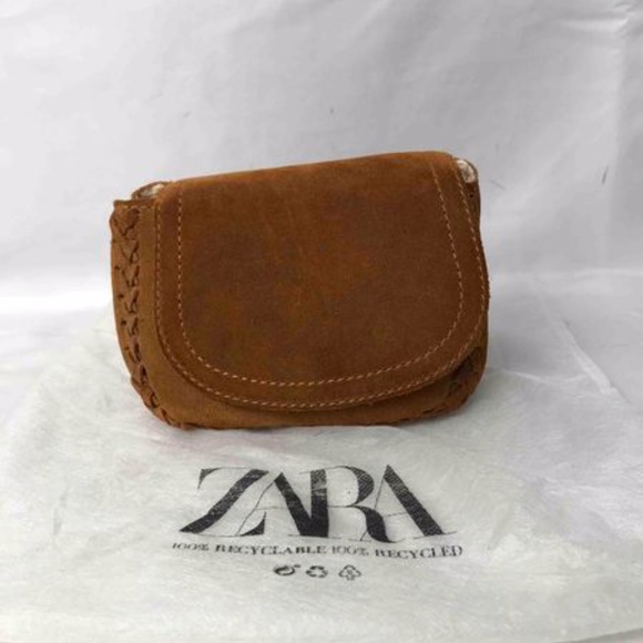 ZARA Suede Leather Mini Crossbody Bag Snap Closure Laced Strap Woven Trim Fringe - Picture 11 of 13